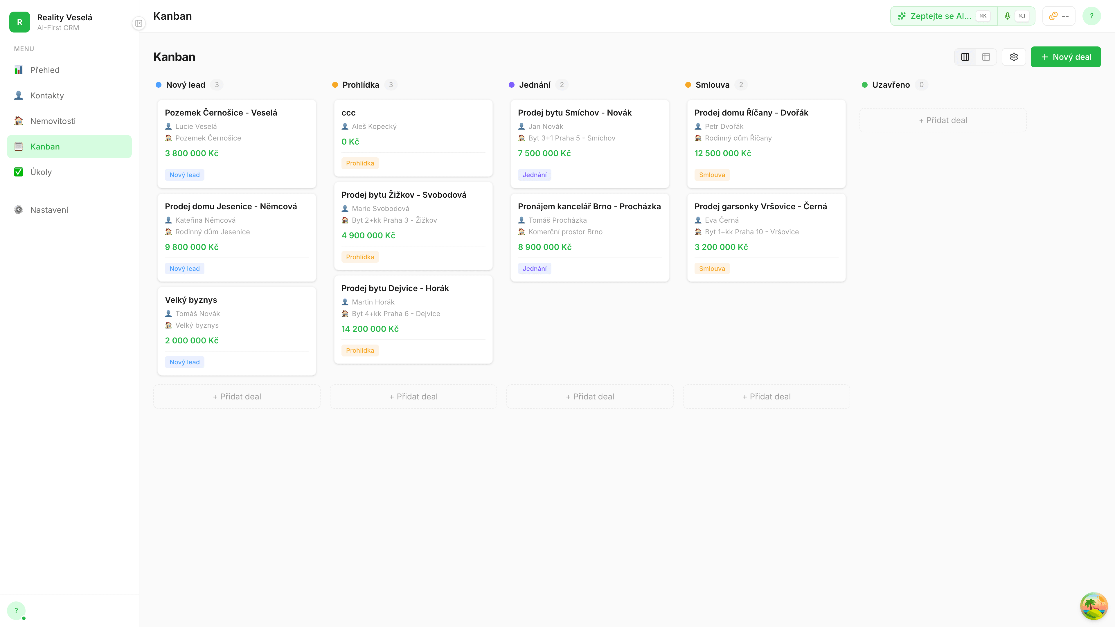 stret.ai CRM – kanban pipeline s dealy
